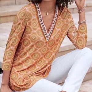 NWT $110 Soft Surroundings Lillia Beaded V-Neck Tile Print Tunic Top Boho, Sz 2X